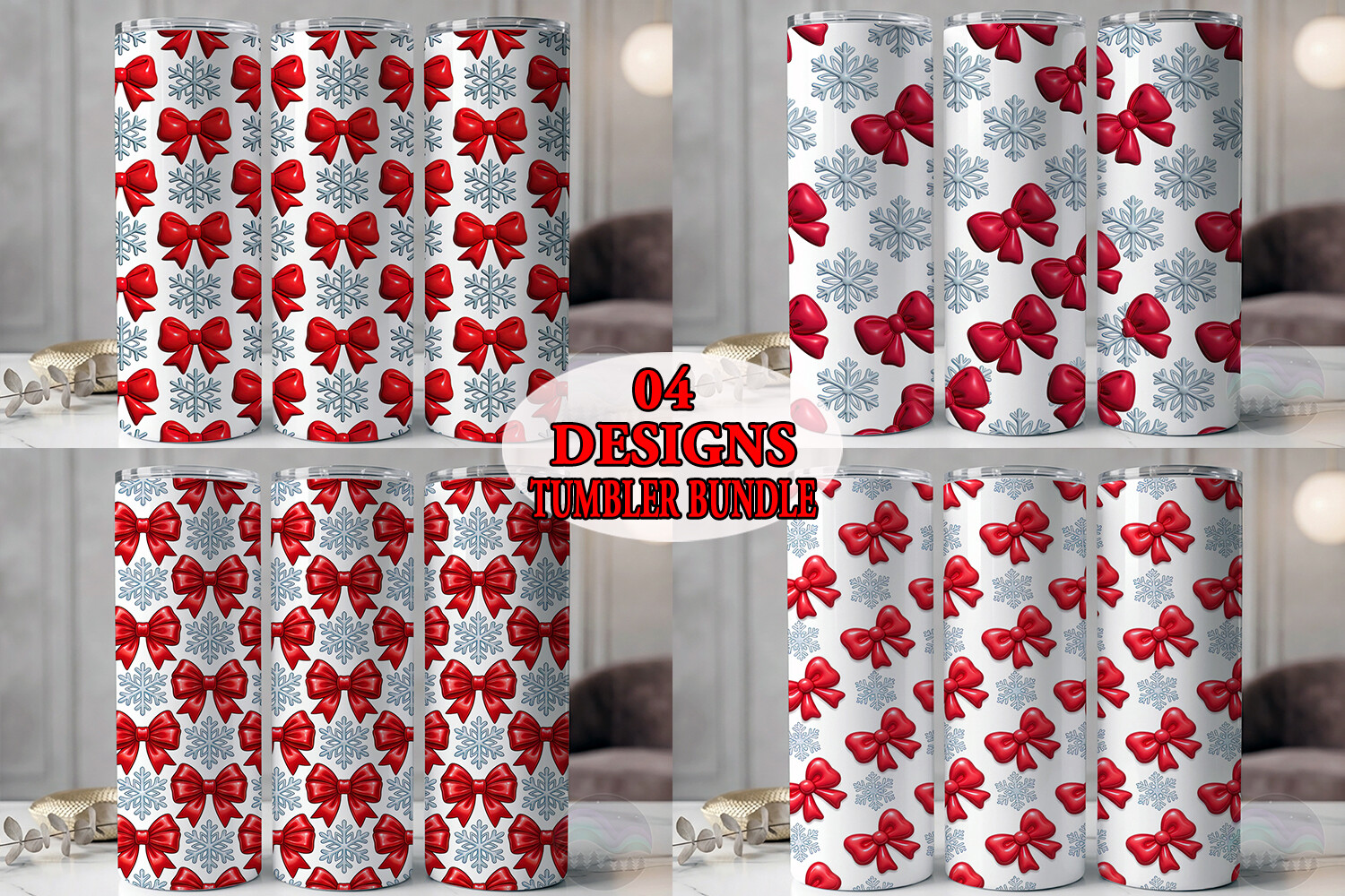 Puffy Red Bow Snowflake Tumbler Bundle