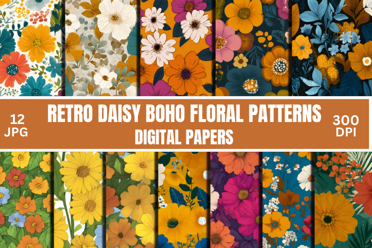 Retro Daisy Boho Floral Digital Patterns