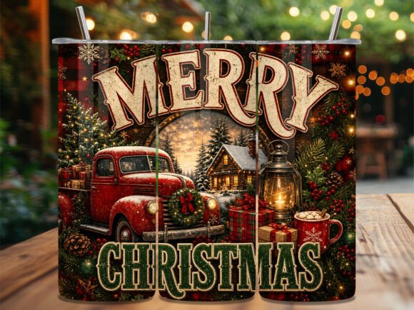 Vintage Red Christmas Truck Tumbler Wrap