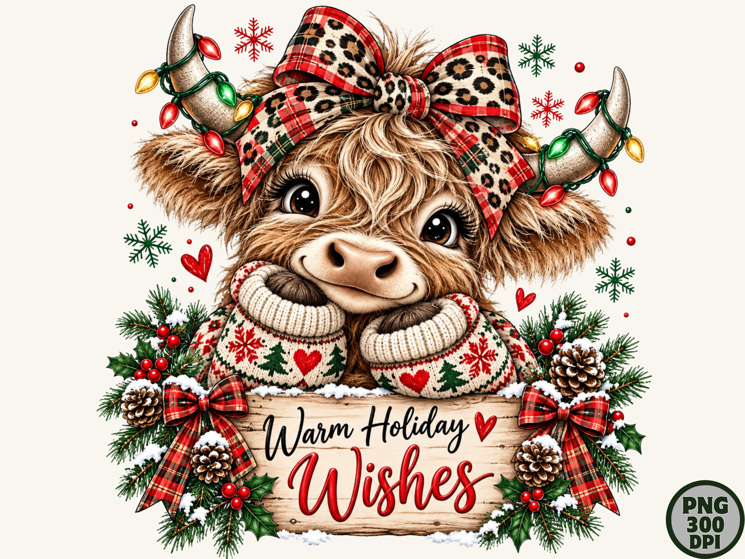 Warm Holiday Wishes Highland Cow PNG