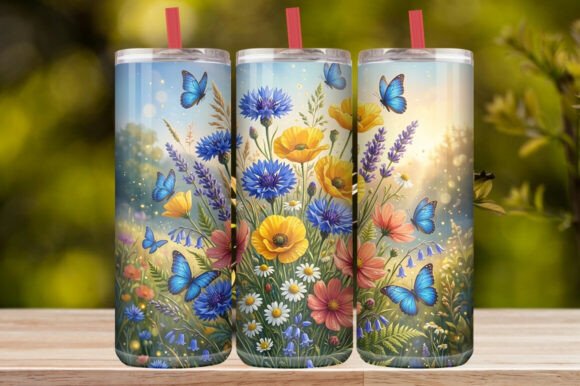 Watercolor Blue Butterfly & Wildflower