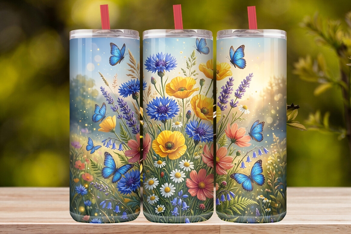 Watercolor Blue Butterfly & Wildflower