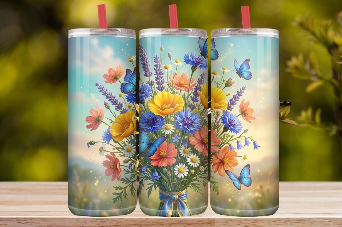 Watercolor Blue Butterfly & Wildflower