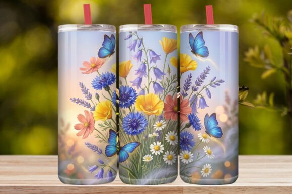 Watercolor Blue Butterfly & Wildflower