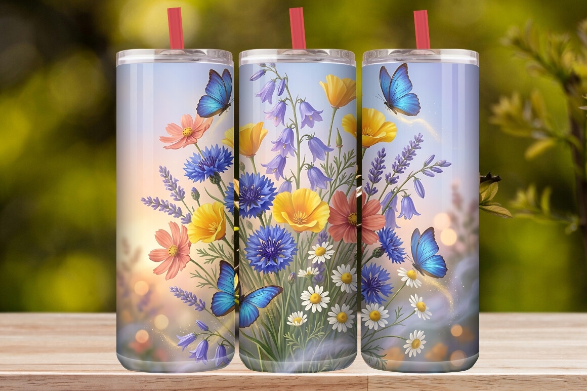 Watercolor Blue Butterfly & Wildflower