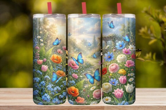 Watercolor Blue Butterfly & Wildflower