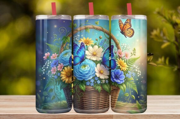 Watercolor Flower Basket &Blue Butterfly