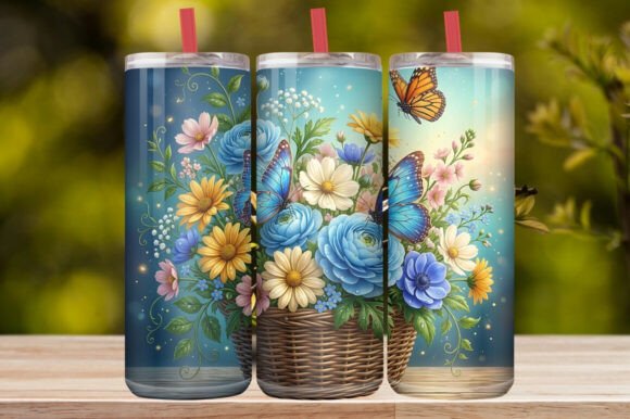 Watercolor Flower Basket &Blue Butterfly