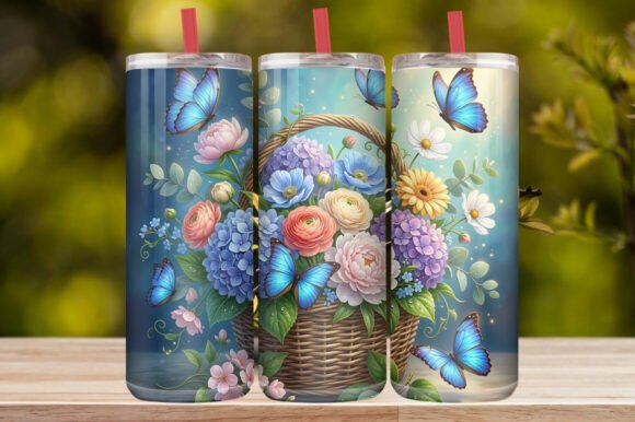 Watercolor Flower Basket &Blue Butterfly