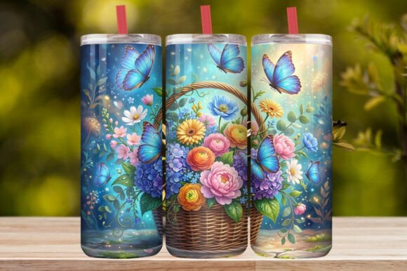 Watercolor Flower Basket &Blue Butterfly