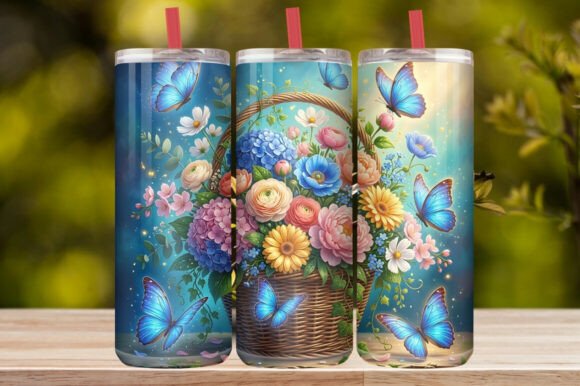 Watercolor Flower Basket &Blue Butterfly