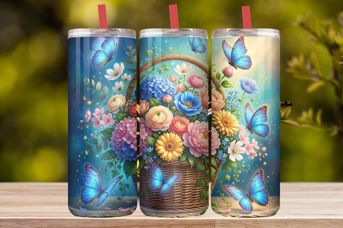 Watercolor Flower Basket &Blue Butterfly