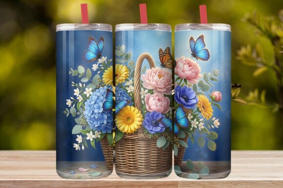 Watercolor Flower Basket &Blue Butterfly