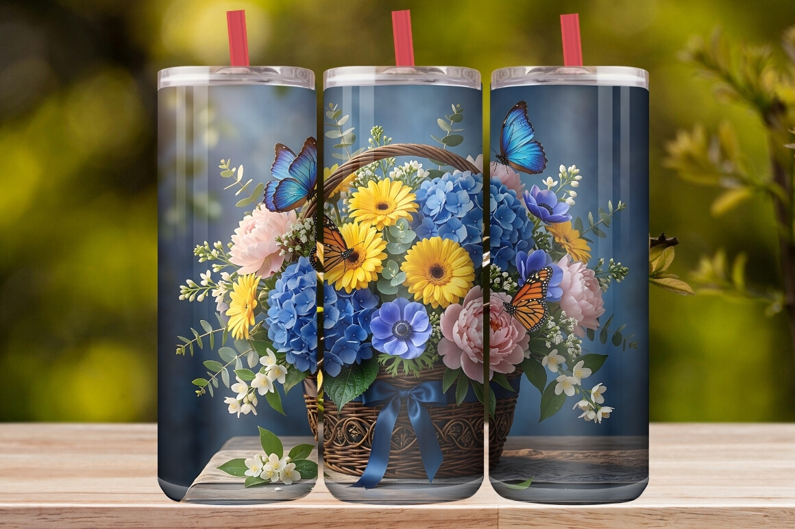 Watercolor Flower Basket &Blue Butterfly