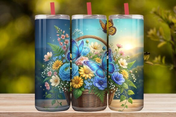 Watercolor Flower Basket &Blue Butterfly