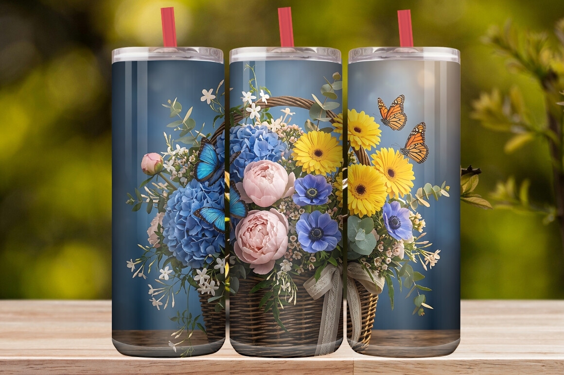 Watercolor Flower Basket &Blue Butterfly