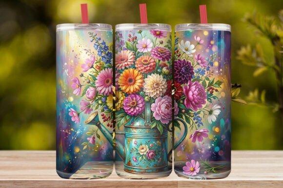 Watercolor Watering Can Wildflower