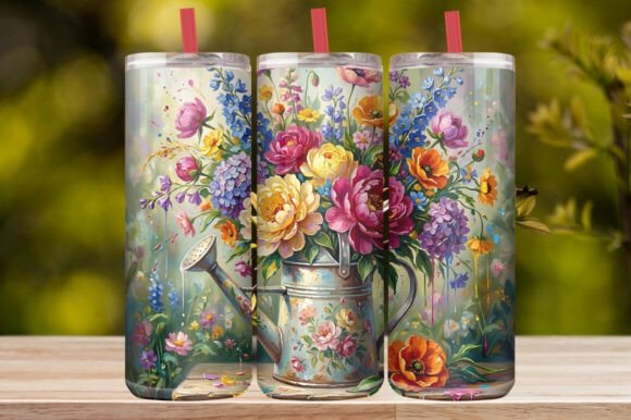 Watercolor Watering Can Wildflower