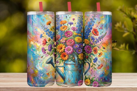 Watercolor Watering Can Wildflower