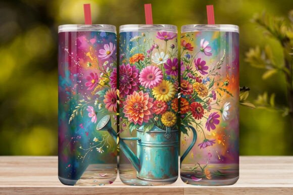 Watercolor Watering Can Wildflower