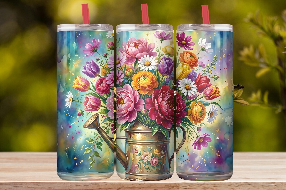Watercolor Watering Can Wildflower