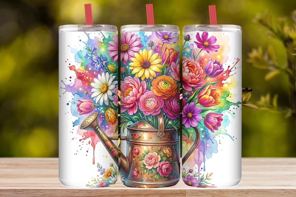Watercolor Watering Can Wildflower