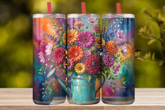 Watercolor Watering Can Wildflower