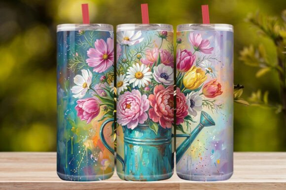 Watercolor Watering Can Wildflower