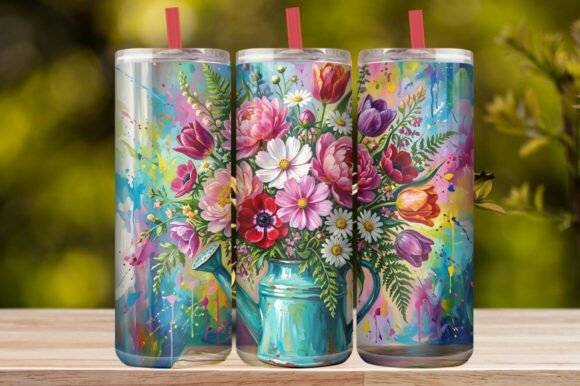 Watercolor Watering Can Wildflower