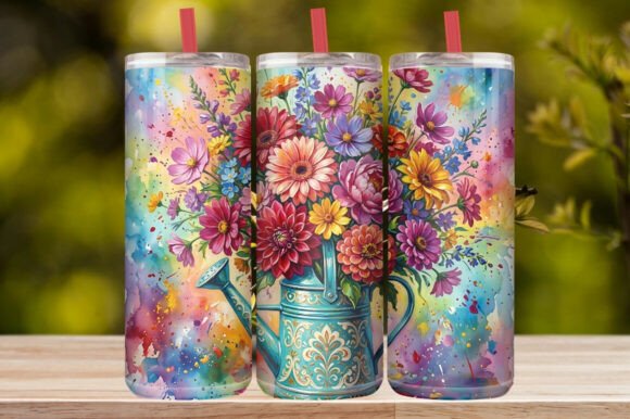 Watercolor Watering Can Wildflower