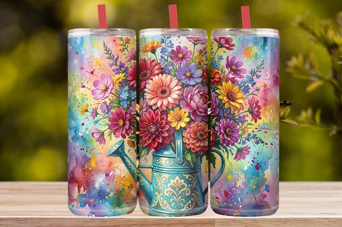 Watercolor Watering Can Wildflower