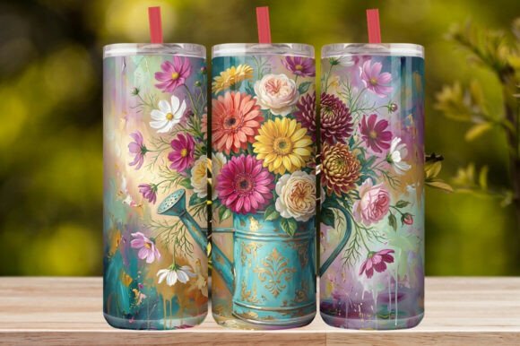 Watercolor Watering Can Wildflower