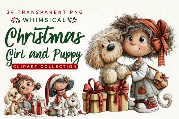 Whimsical Christmas Girl & Puppy Clipart