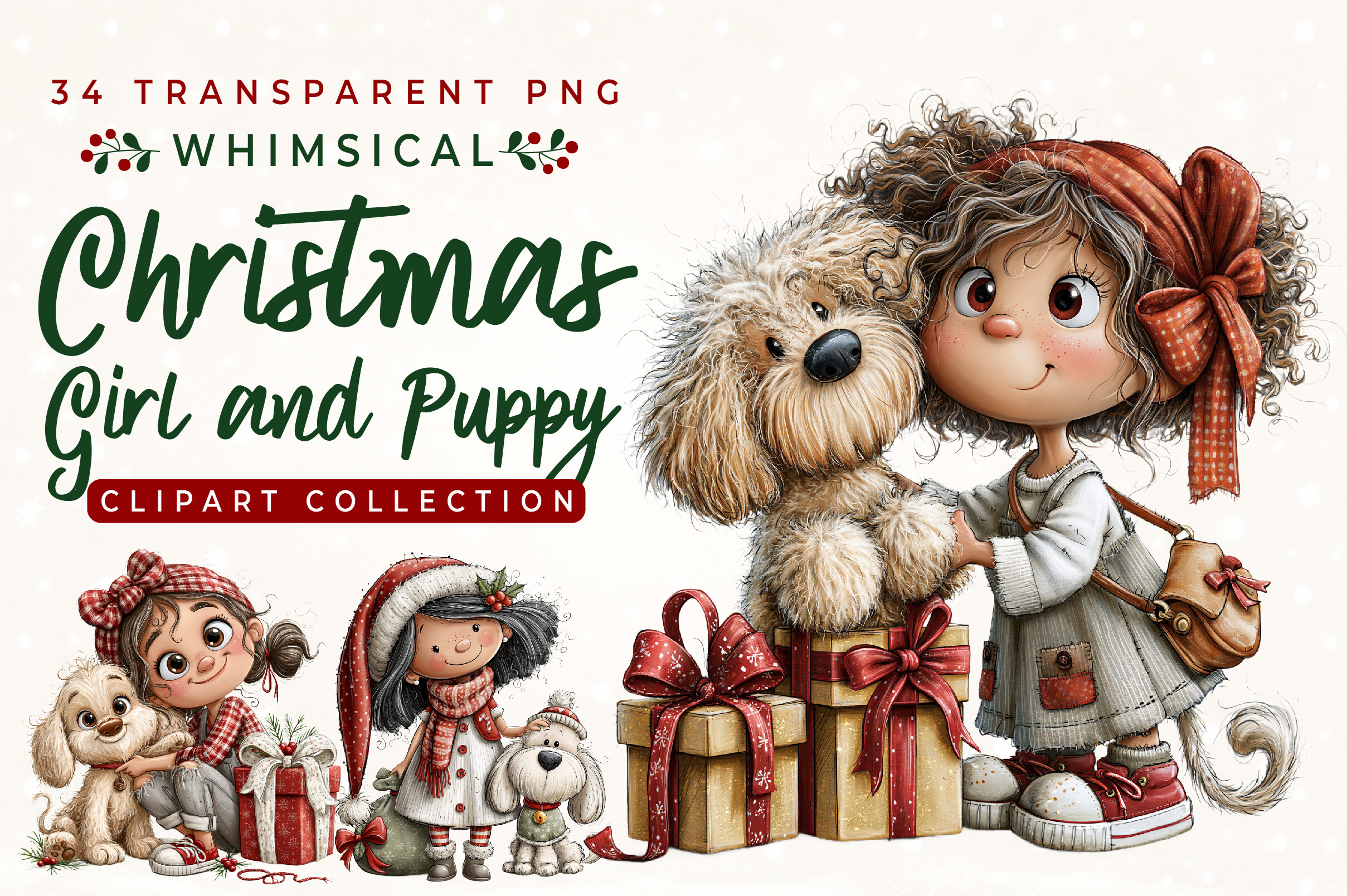 Whimsical Christmas Girl & Puppy Clipart