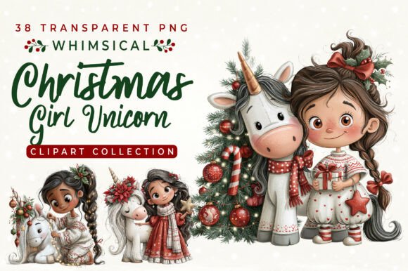 Whimsical Christmas Girl Unicorn Clipart