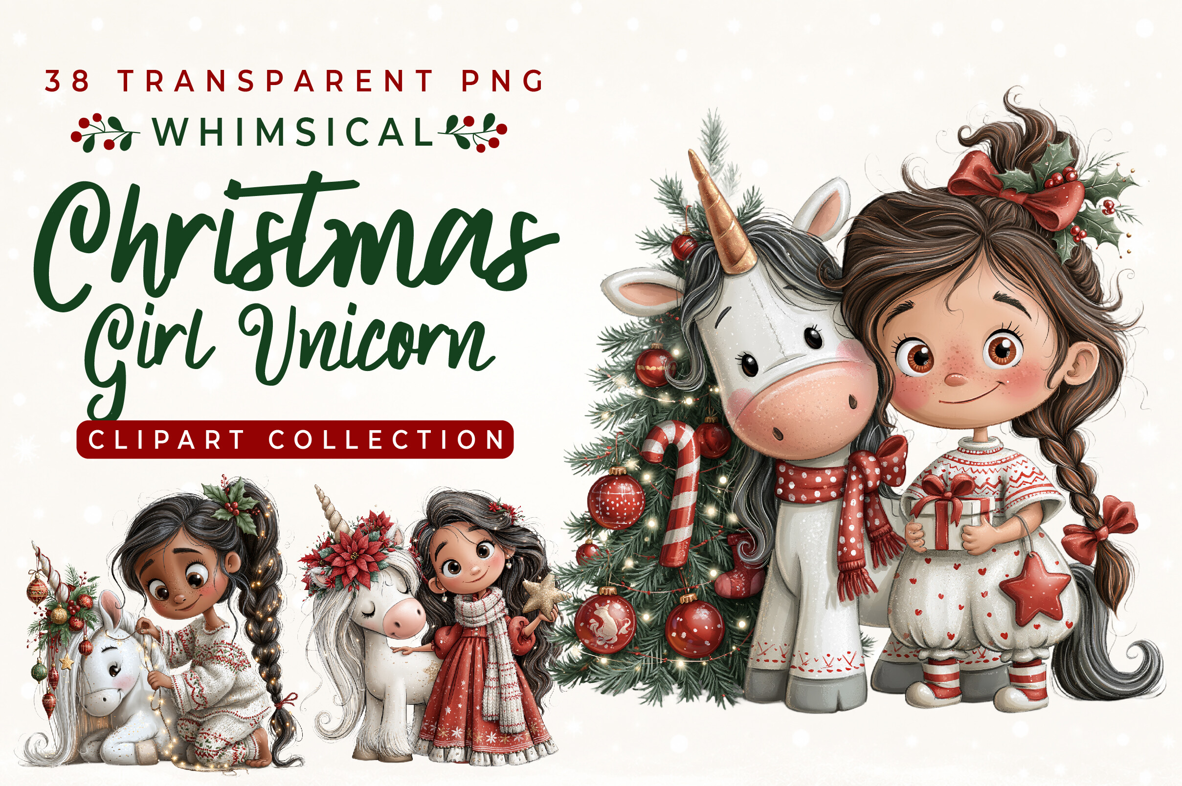 Whimsical Christmas Girl Unicorn Clipart