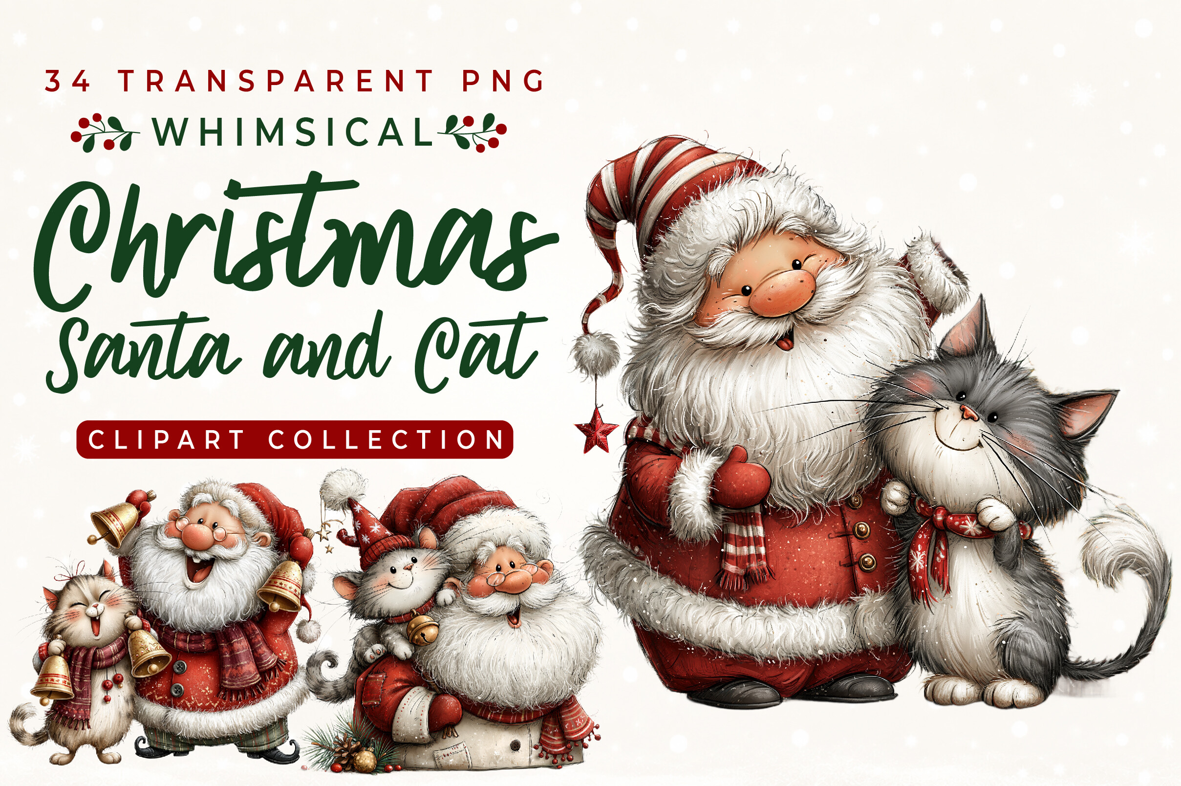 Whimsical Christmas Santa & Cat Clipart