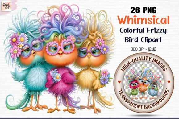 Whimsical Colorful Frizzy Bird Clipart
