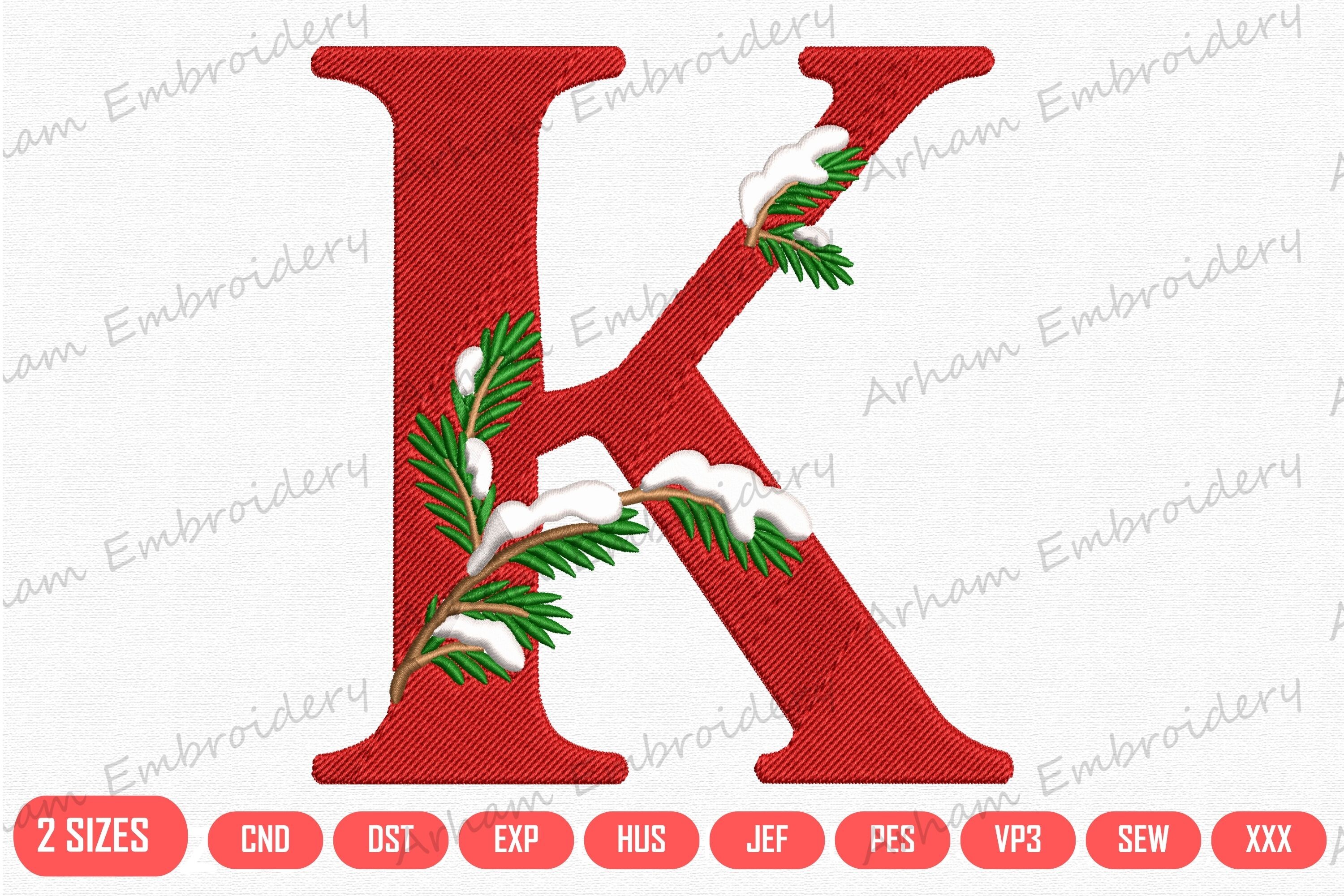 Winter Alphabet K with Snowy Pine Branch