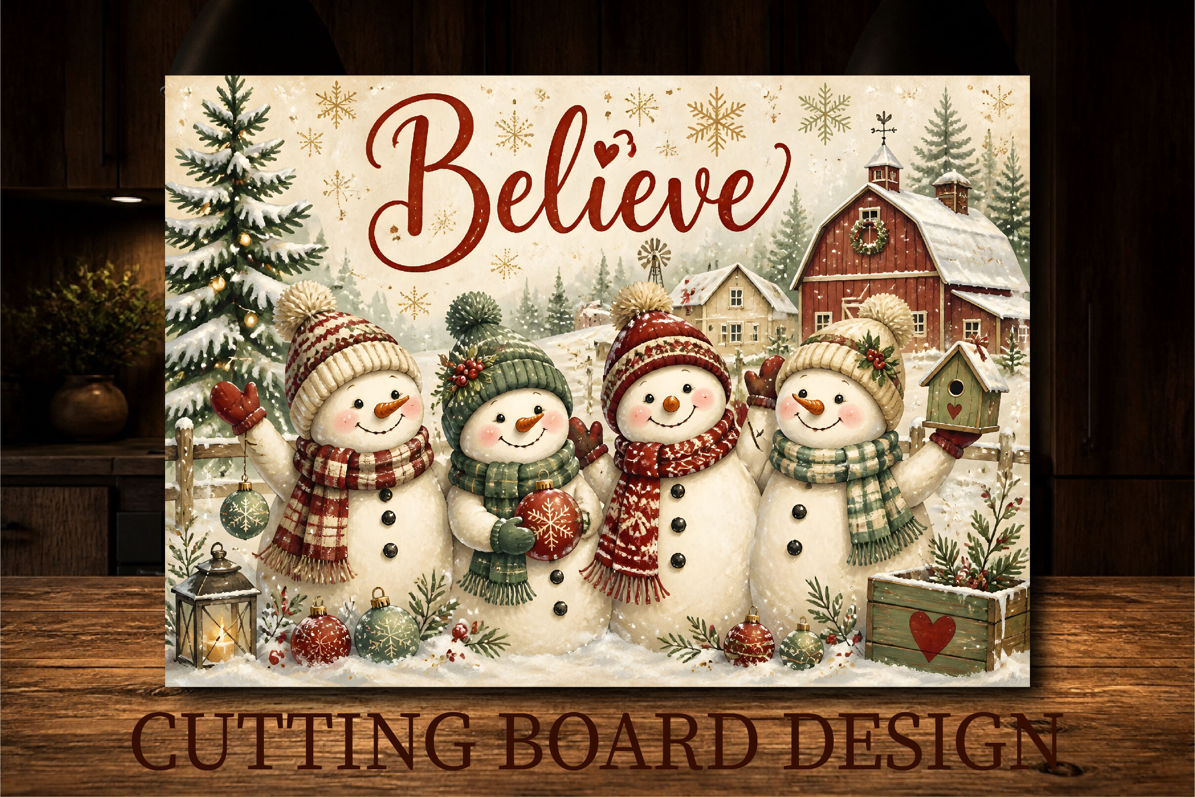 Winter Snowman Barn Cutting Board