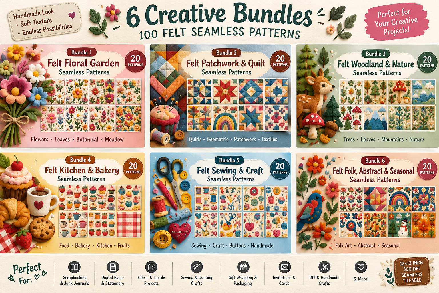 100 Felt Seamless Patterns Mega Bundle