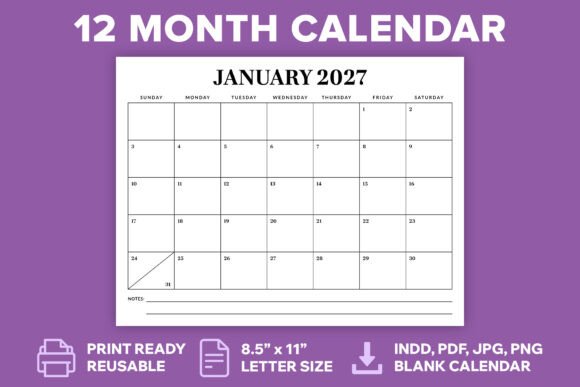2027 8.5 X 11 Inch Calendar Template