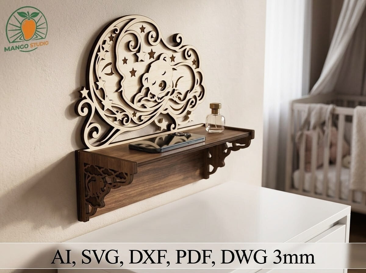 3D Bear & Moon Nursery Wood Shelf