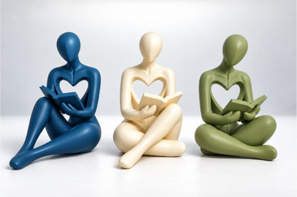 Abstract Reading Sculpture STL – 3D Printable Book Lover Decor, 3 Figures - Image 1