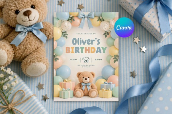 Bear Birthday Invitation Canva Template