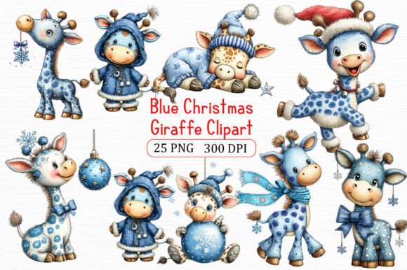 Blue Christmas Giraffe Clipart Bundle