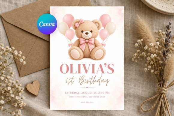 Blush Pink Teddy Bear Birthday Invite
