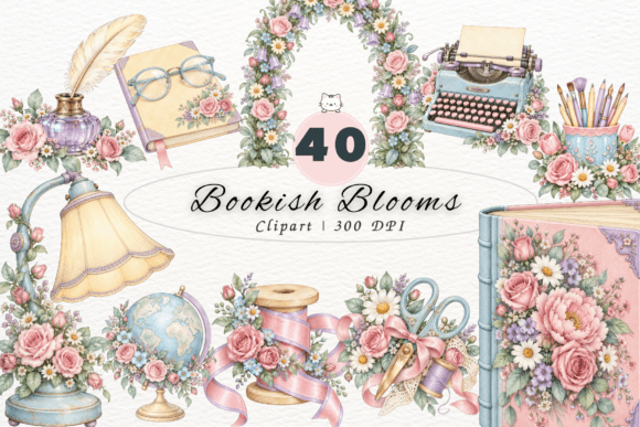 Bookish Blooms Clipart, Floral Reading