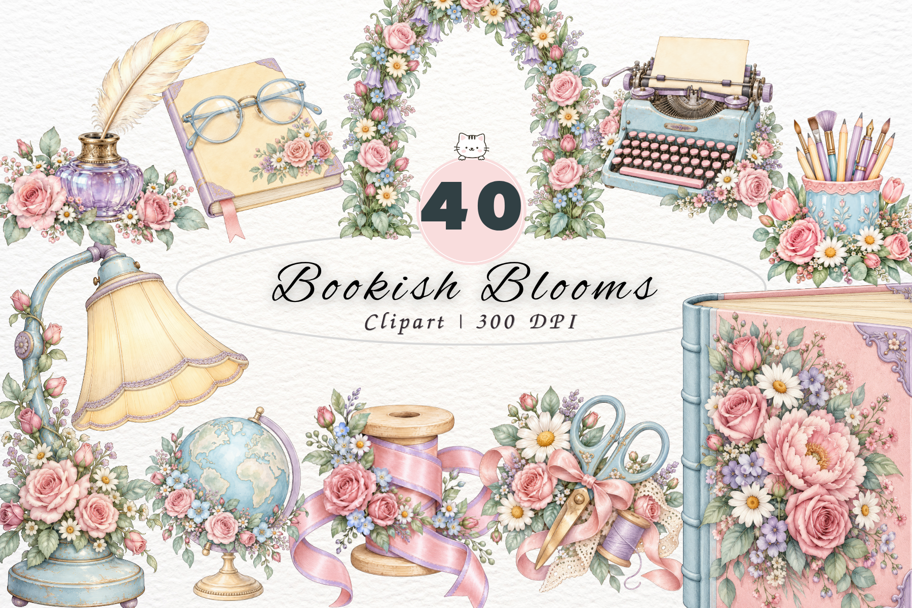 Bookish Blooms Clipart, Floral Reading