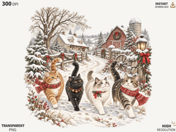 Christmas Cats Winter Farm PNG, Festive